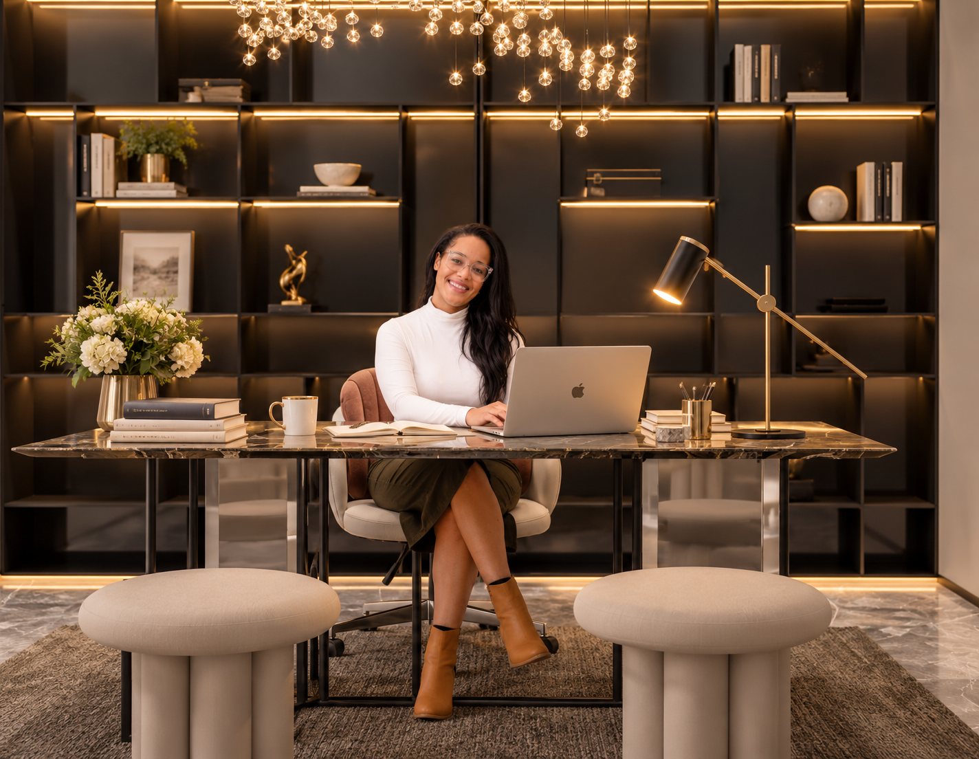 Brittany V Sumpter smiling at her desk with a laptop, in front of warm lit shelving