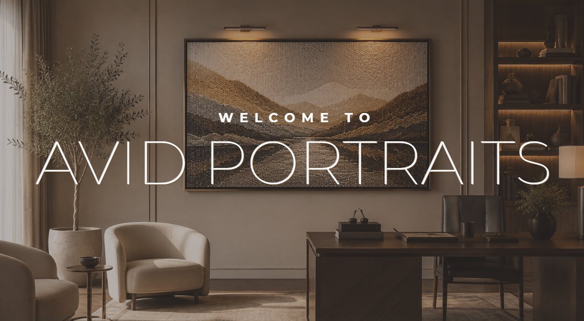 Portrait studio homepage with a framed landscape over a living room