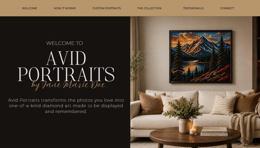 Portrait studio homepage with a dark welcome panel beside a living room