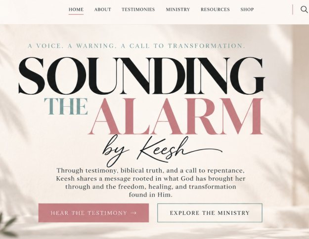 Ministry homepage with bold serif lettering on soft cream