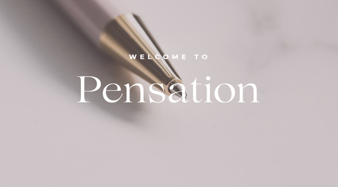 Stationery brand homepage over a close-up of a gold pen