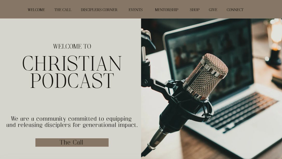Podcast homepage beside a studio microphone and laptop