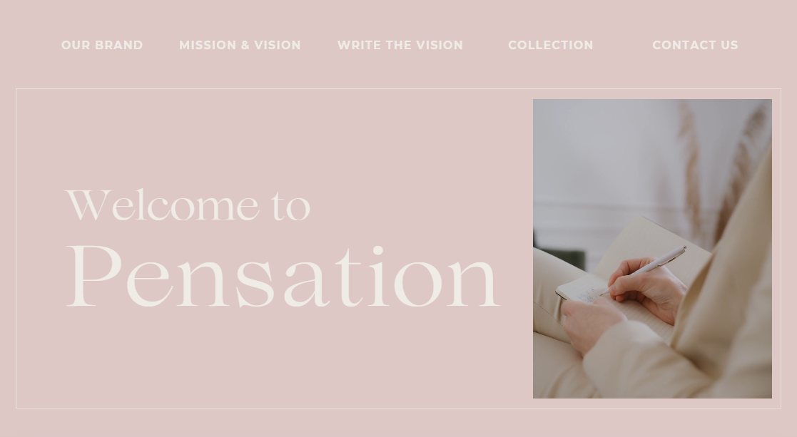 Stationery brand homepage in blush with a writing photo