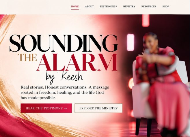 Ministry homepage in red and gold with a speaker on stage