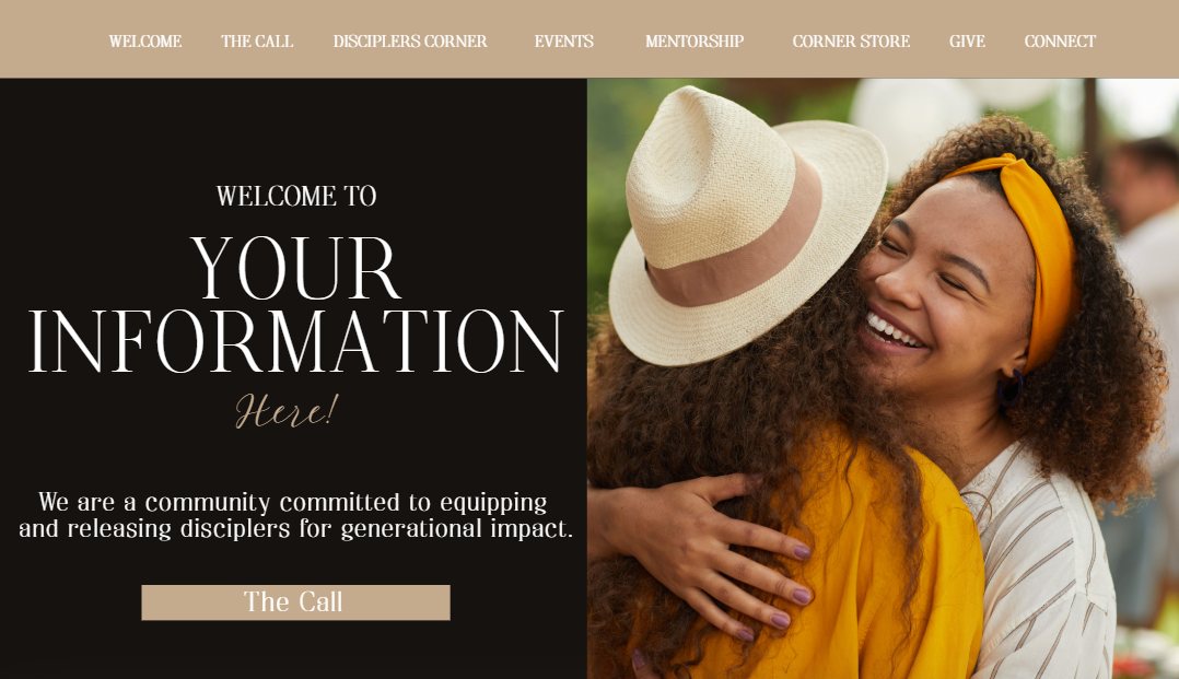 Community homepage template beside two friends embracing